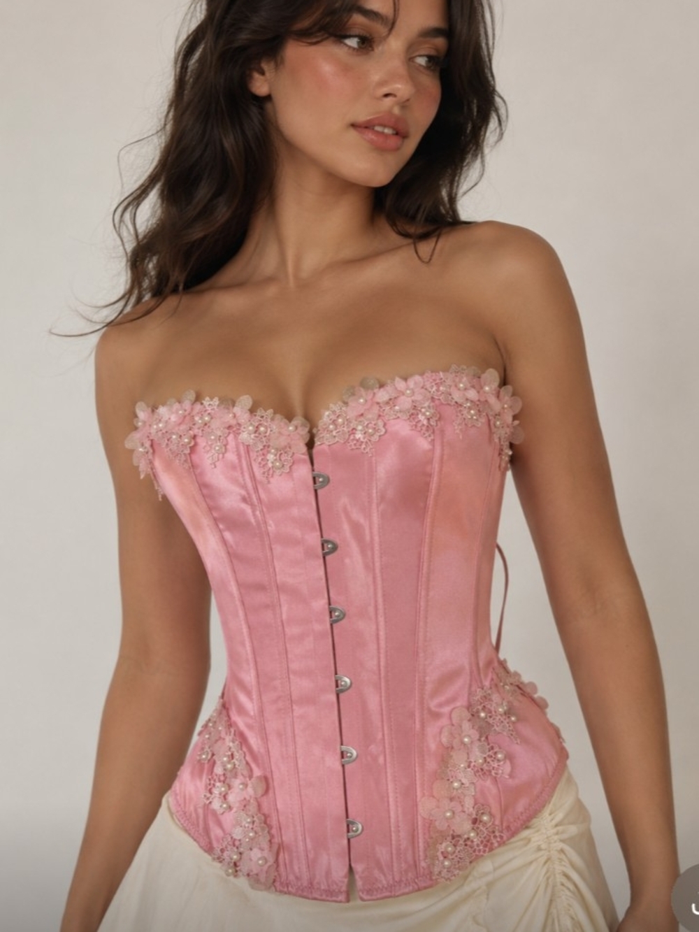 Dollz Kill Lace Pearl Beaded Satin Pink Corset Size L